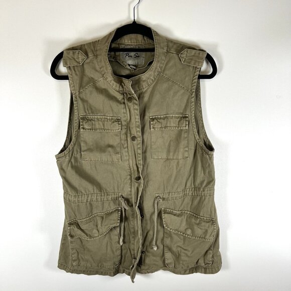 Per Se Utility Vest Womens L Army Green Pockets Drawstring Waist Jacket Military - Picture 1 of 9